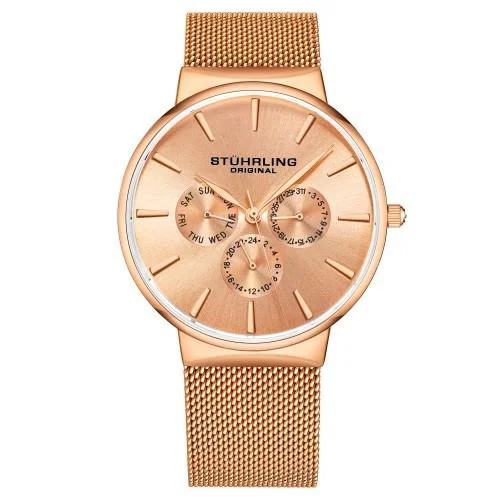 Stuhrling 3931 4 Monaco Day Date Multi Function Mesh Bracelet Mens Watch - Dial: Rose Gold, Band: Rose Gold