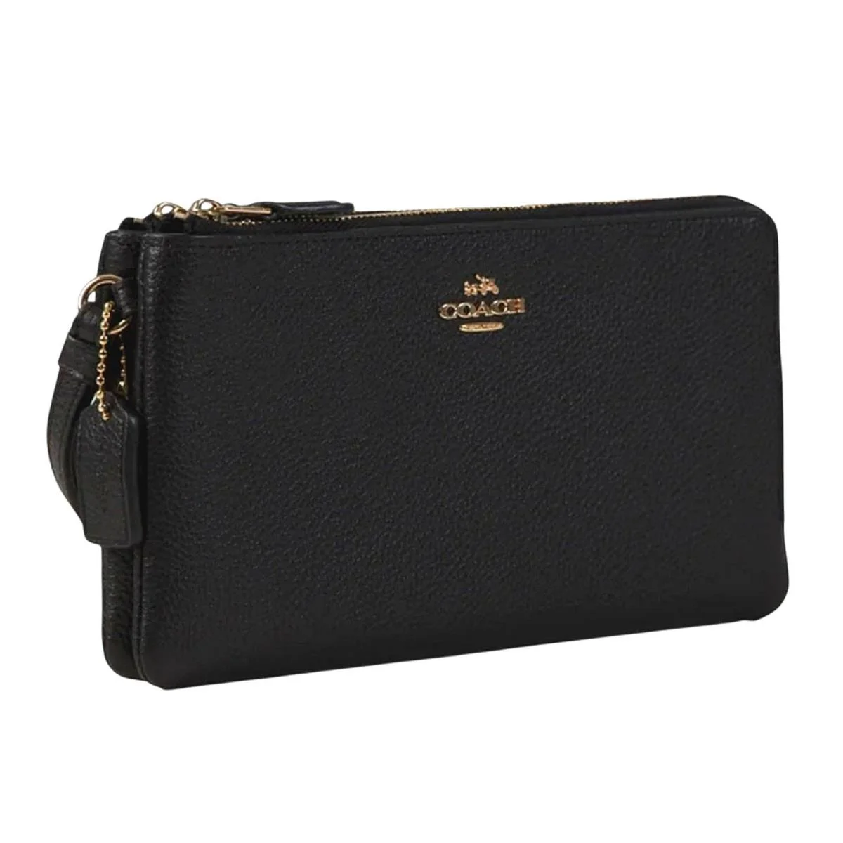 Coach Double Zip Wallet IN Polished Pebble Leather Black with Card Slots